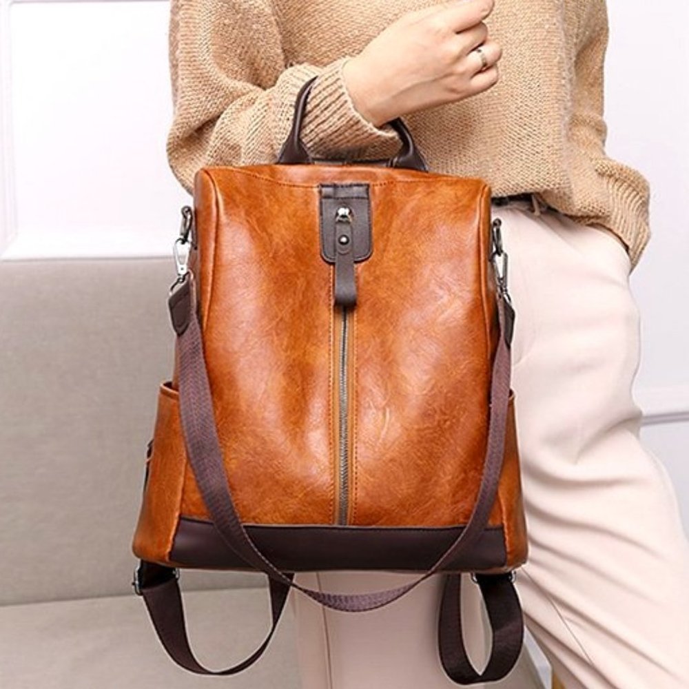 Brown Middle-Zip Shoulder Backpack